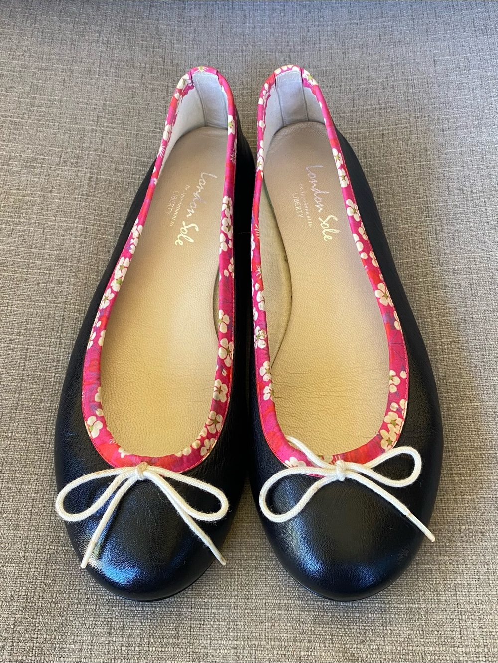 London Sole Liberty of London Leather Black Ballet Flats with Floral Trim